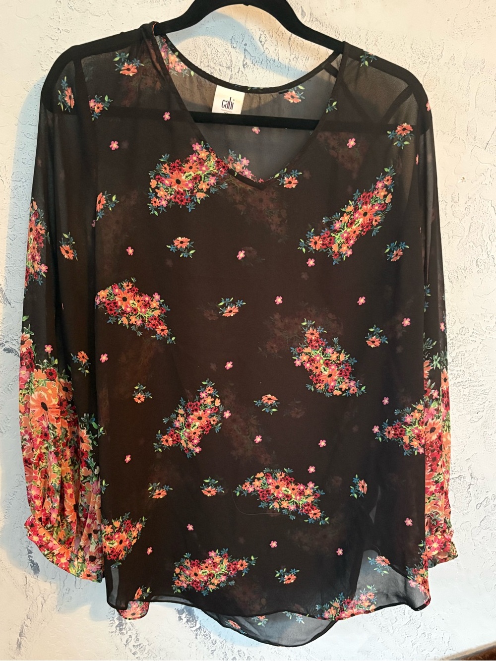 CAbi Black Sheer Floral Blouse with Pink and Orange Clusters